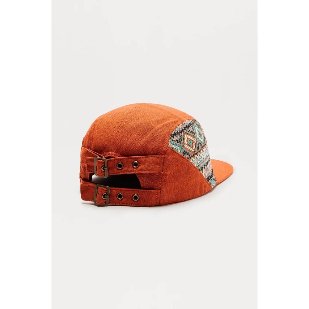 Orange Patterned 5-Panel Camper Cap with Embroidered Patch - Picture 2 of 4